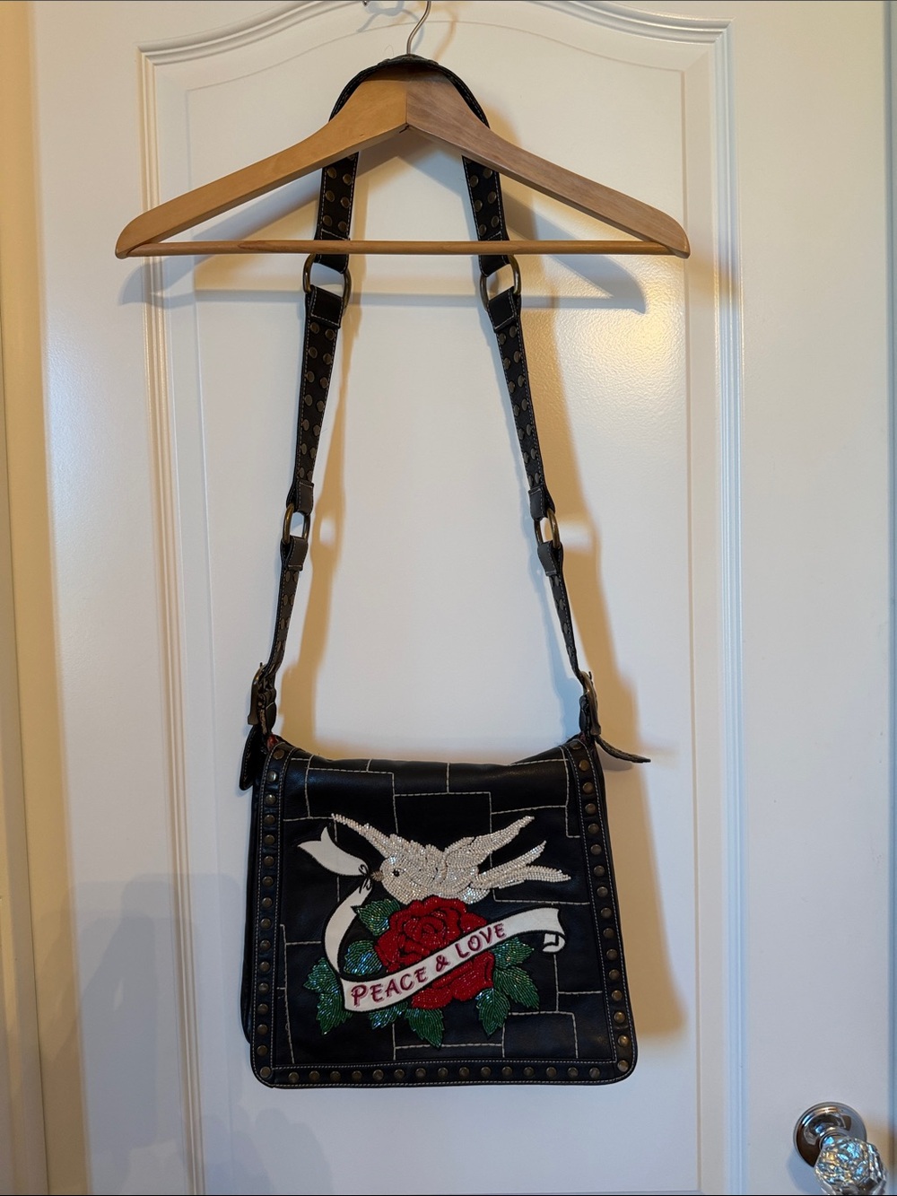 Isabella Fiore Black Embellished Crossbody Bag with Peace & Love Design
